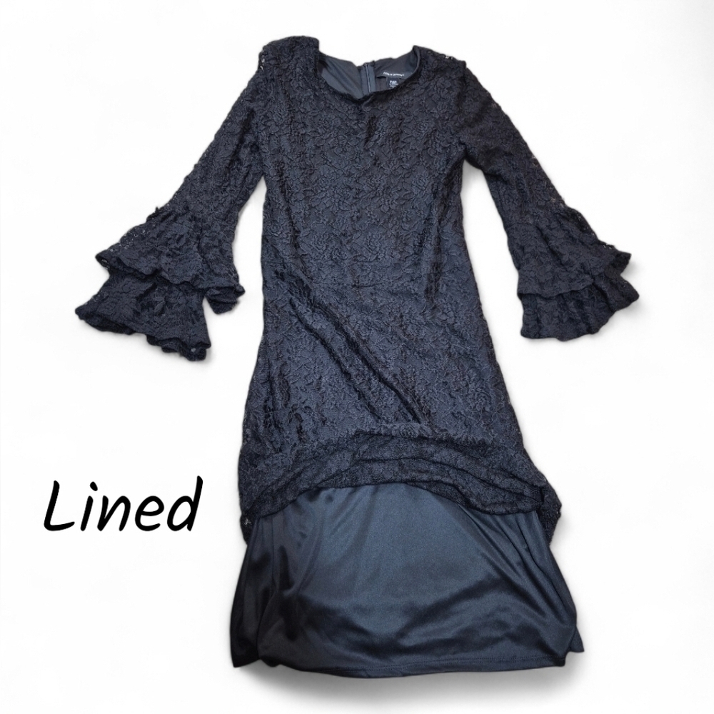 Black Lace Tiered Bell Sheer Long Sleeve, Holiday Midi Dress Size 14/16